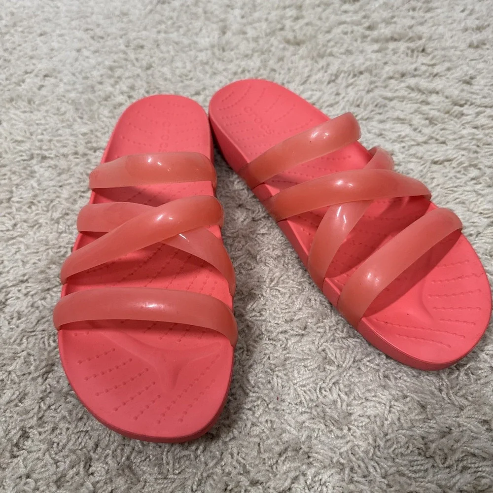 Crocs Women's Splash Glossy Strappy Neon Watermelon Slip On Sandals Slide Size 8